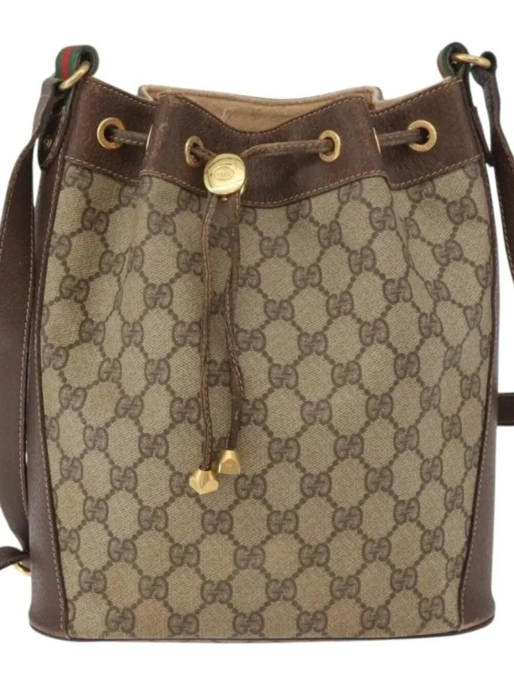 GUCCI GG Supreme Sherry Line Drawstring PVC Beige Red 164 02 034 Auth BA13148